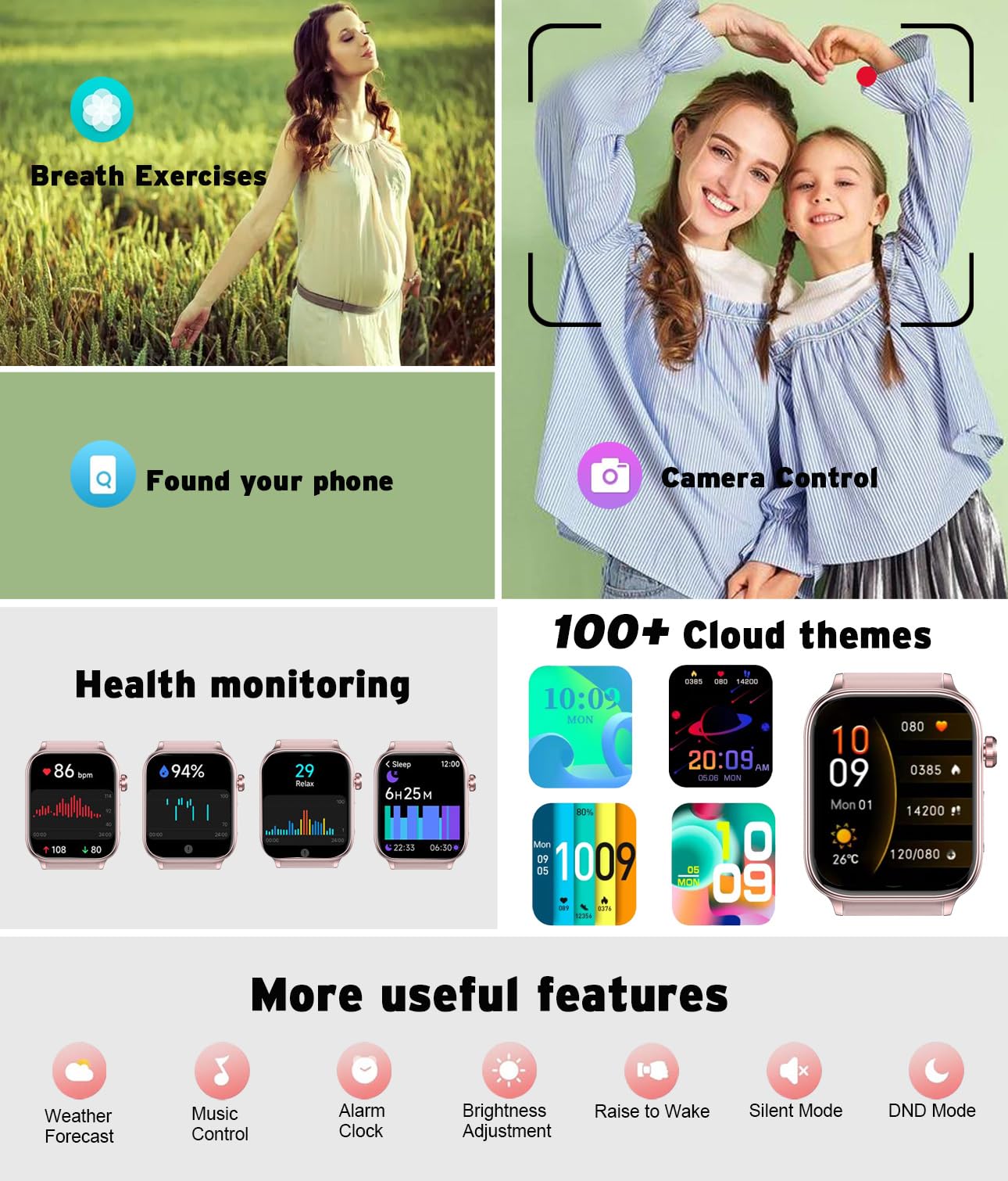 Geelouxian Men's Women's Smart Watch,1.96-inch HD Touchscreen Smartwatch,100+ Sports,Blood Pressure,Heart Rate,Blood Oxygen,Sleep Monitoring,IP68 Waterproof Fitness Tracker,Android iOS iPhone (Pink)