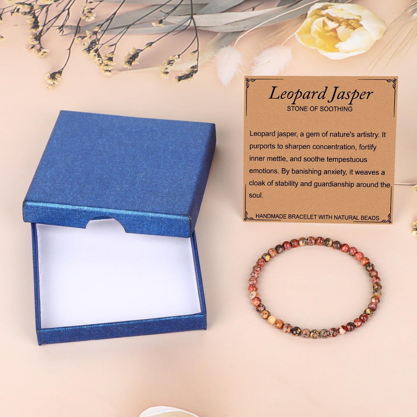 LPBeads Handmade Natural Gemstone Stretch Elastic 4mm Leopard Jasper Bracelet Healing Crystal Round Stone Beads Jewelry Gifts for Women Men
