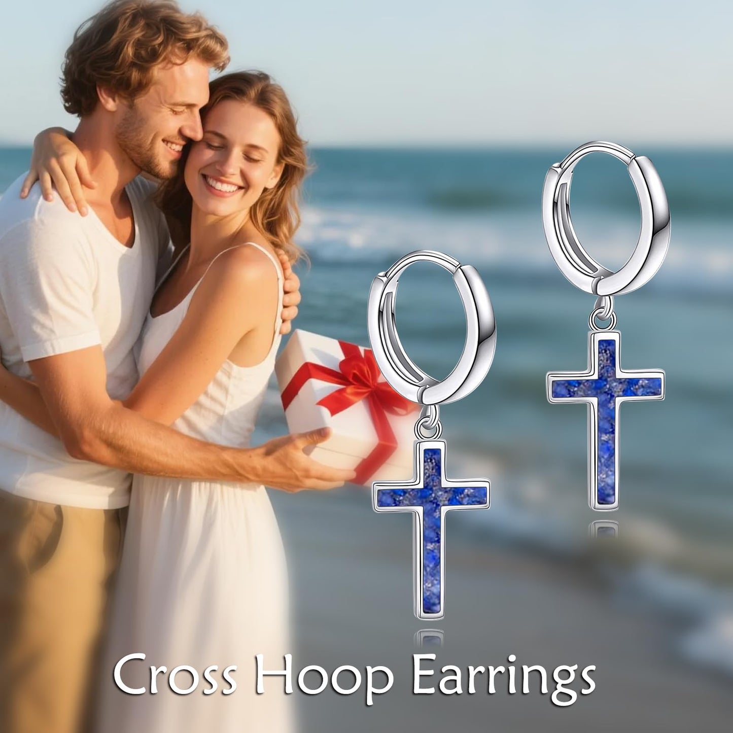 925 Sterling Silver Cross Hoop Earrings Dangle Drop Earrings Huggie Jewelry Birthday Gifts for Women (Lapis Lazuli Cross)