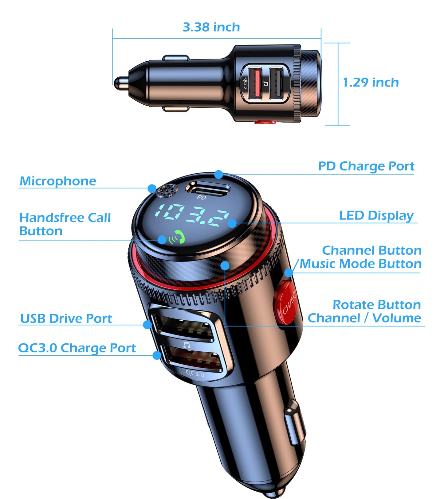 Bluetooth Car Adapter, Wireless AUX FM Transmitter, USB C&QC3.0 Dual Fast Charging, Cigarette Lighter Radio Music, Supports Hands-Free Siri Google Assistant & USB Drive, HiFi Bass Sound