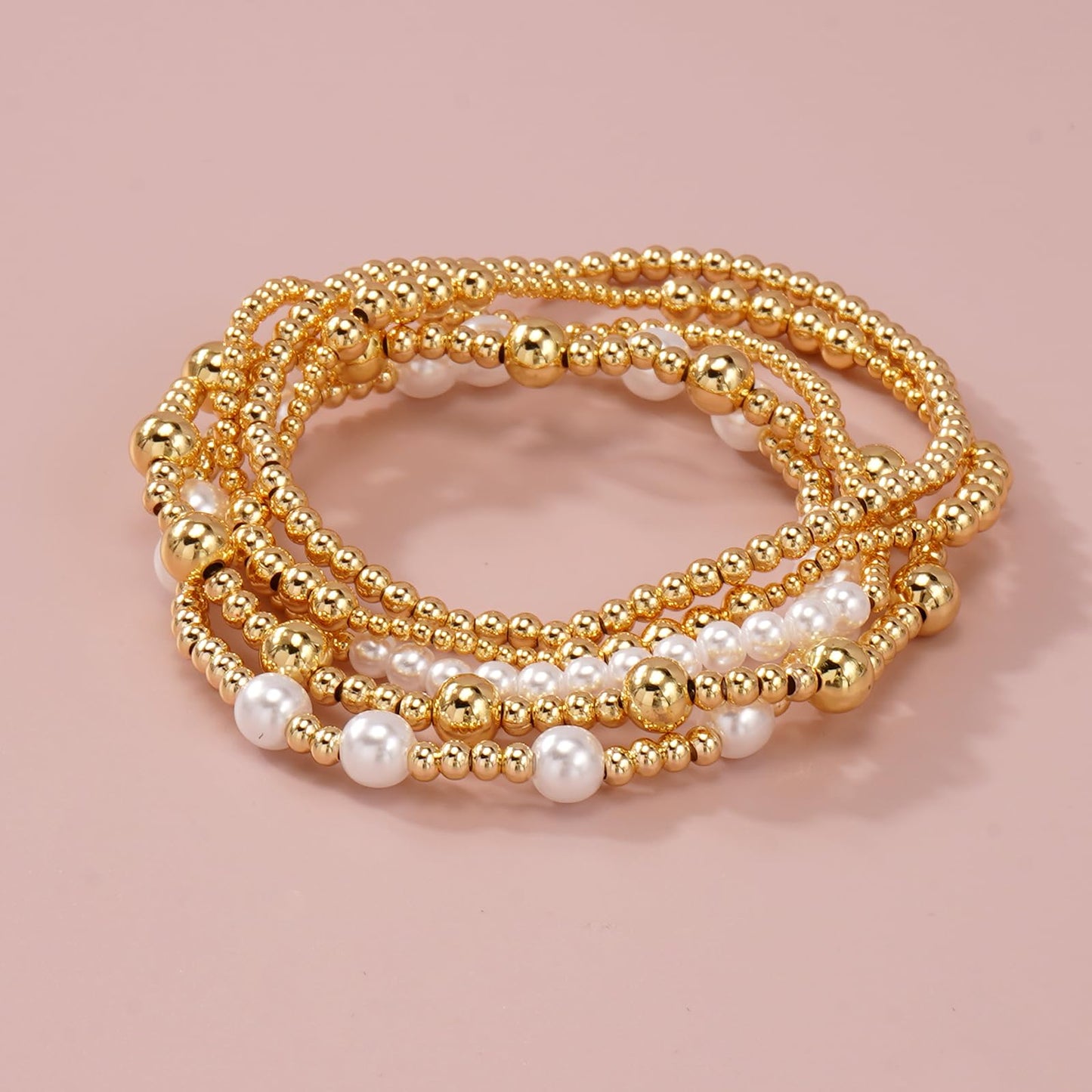 14K Gold Pearl Beaded Bracelet Stack for Women,Dainty Bohemian Stretch Gold Plated Ball Beads Non Tarnish Stackable Bracelets Fashion Holiday Party Jewelry Gift Friendship
