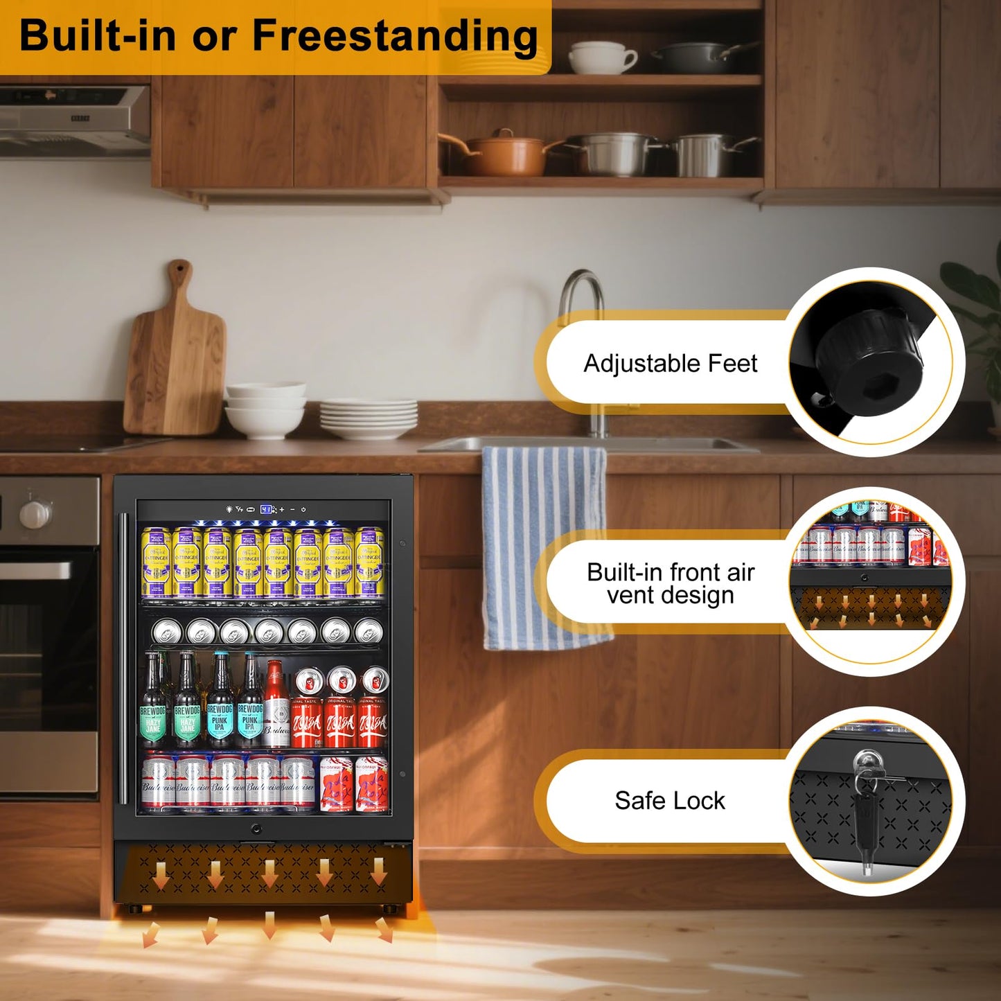 FoMup Beverage Refrigerator 24 Inch 200 Can Drink Fridge with Glass Door, Under Counter/Freestanding Beverage Cooler with Temperature Control, Reversible Door, Quick Cooling for Beer Soda Wine, Black