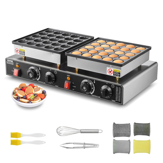 VEVOR 50PCS Mini Dutch Pancake Maker, Non-stick Stainless Steel Dorayaki Baker, 1800W Commercial Electric Poffertjes Grill Pan, Dual Temp & Time Control, for Kitchen Restaurant Breakfast Dessert