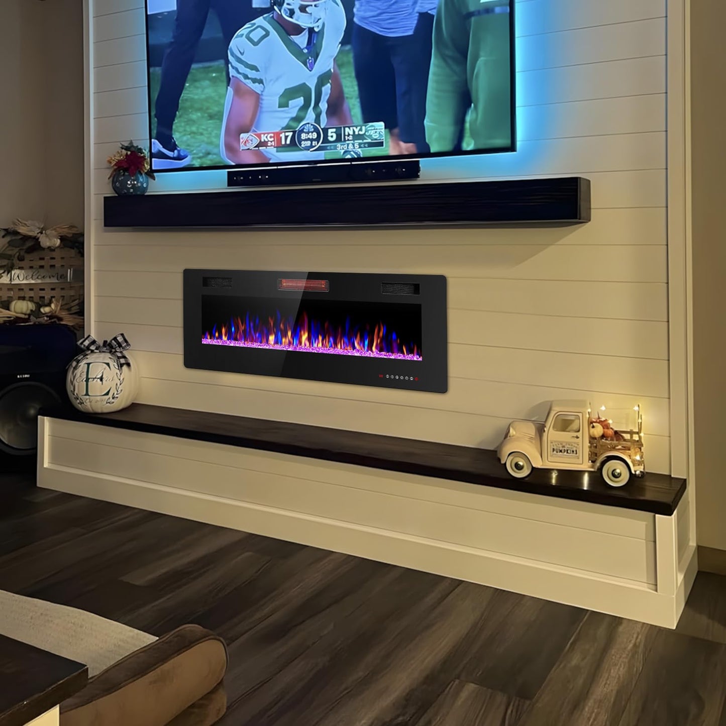 Electactic Electric Fireplace 50 inch Ultra Thin, Recessed and Wall Mounted Electric Fireplace with Remote Control, Fireplace Heater, Timer, Adjustable Flame Color, 750w/1500w, Black