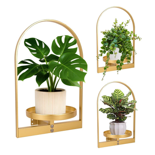 3 Pack Gold Wall Plant Holder for Indoor Plants, Metal Wall Mounted Plant Shelf for Small Pots, Decorative Hanging Wall Planter Display, Modern Wall Decor for Living Room, Bedroom, Entryway, Office