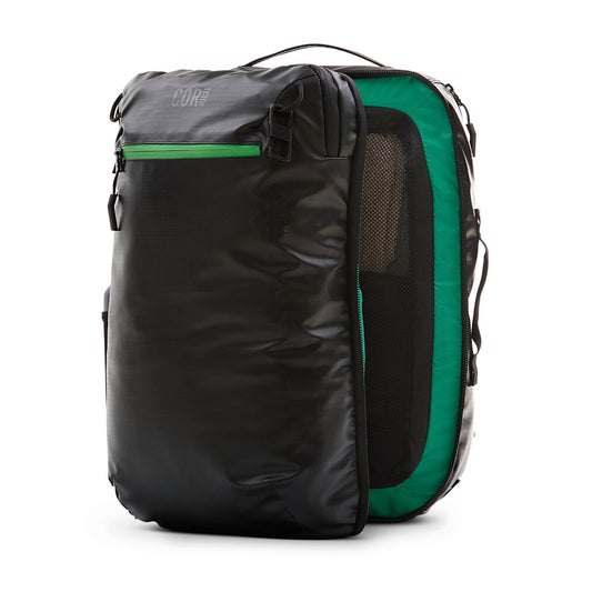COR Surf Travel Backpack Carry On Backpack for Airplanes - Island Hopper 2.0 - Travel Backpack with Clamshell Design -Black with Green Zipper