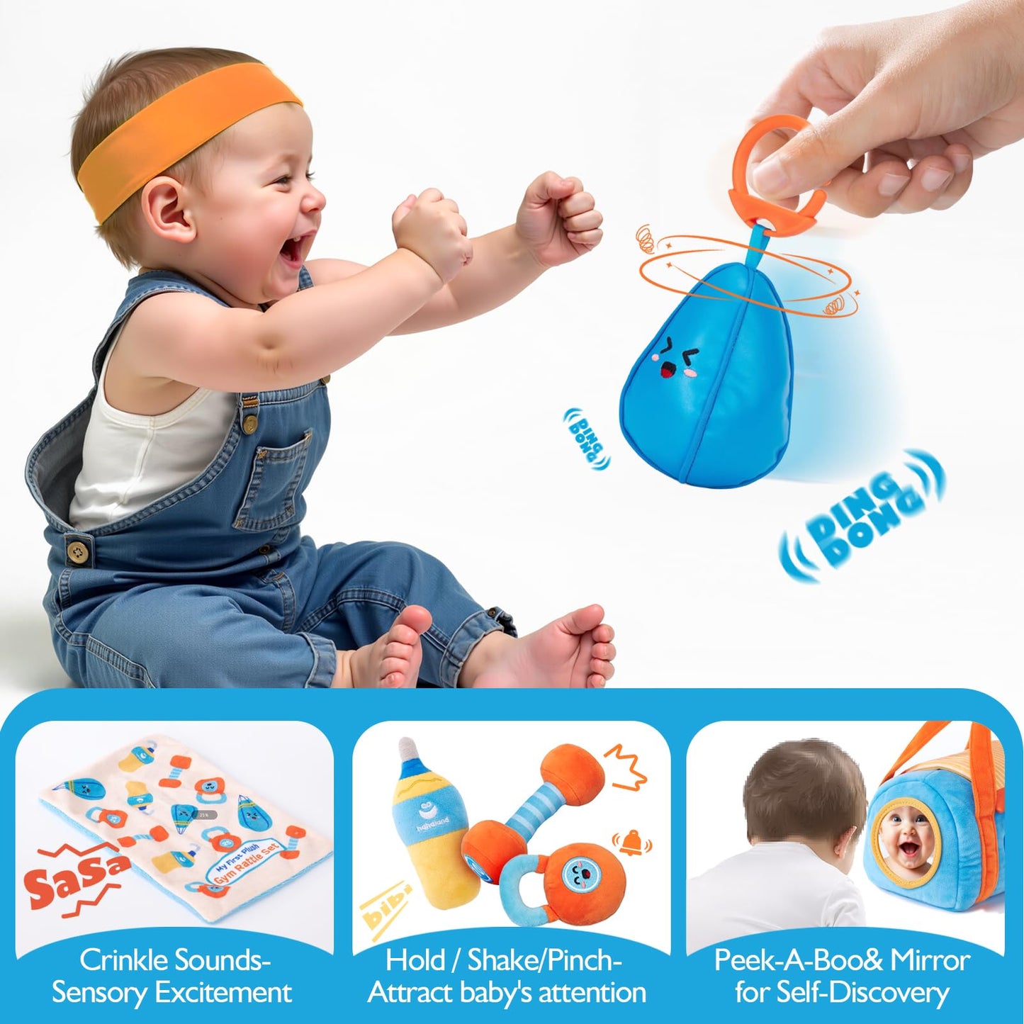 hahaland Baby Toys 6-12 Months - Baby Toys 3-6 Months Montessori Toy for 6 Month Old, Sensory Toy for Babies Workout Weights Dumbbell Toy Set with Soft Rattles Mirror, Easter Gifts for Baby