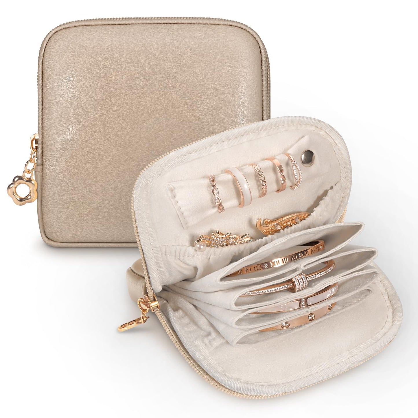 SITHON Small Travel Jewelry Case with Ring Holder, Mini Velvet Jewelry Pouch Bags, Compact Storage Organizer for Bracelet Necklaces Earrings Travel Essentials, Mother’s Day Gifts (Toffee)