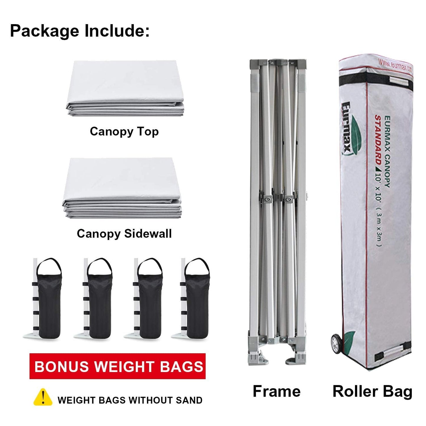 Eurmax USA 10'x10' Pop-up Canopy Tent Commercial Instant Canopies with 4 Removable Zipper End Side Walls and Roller Bag, Bonus 4 SandBags(White)