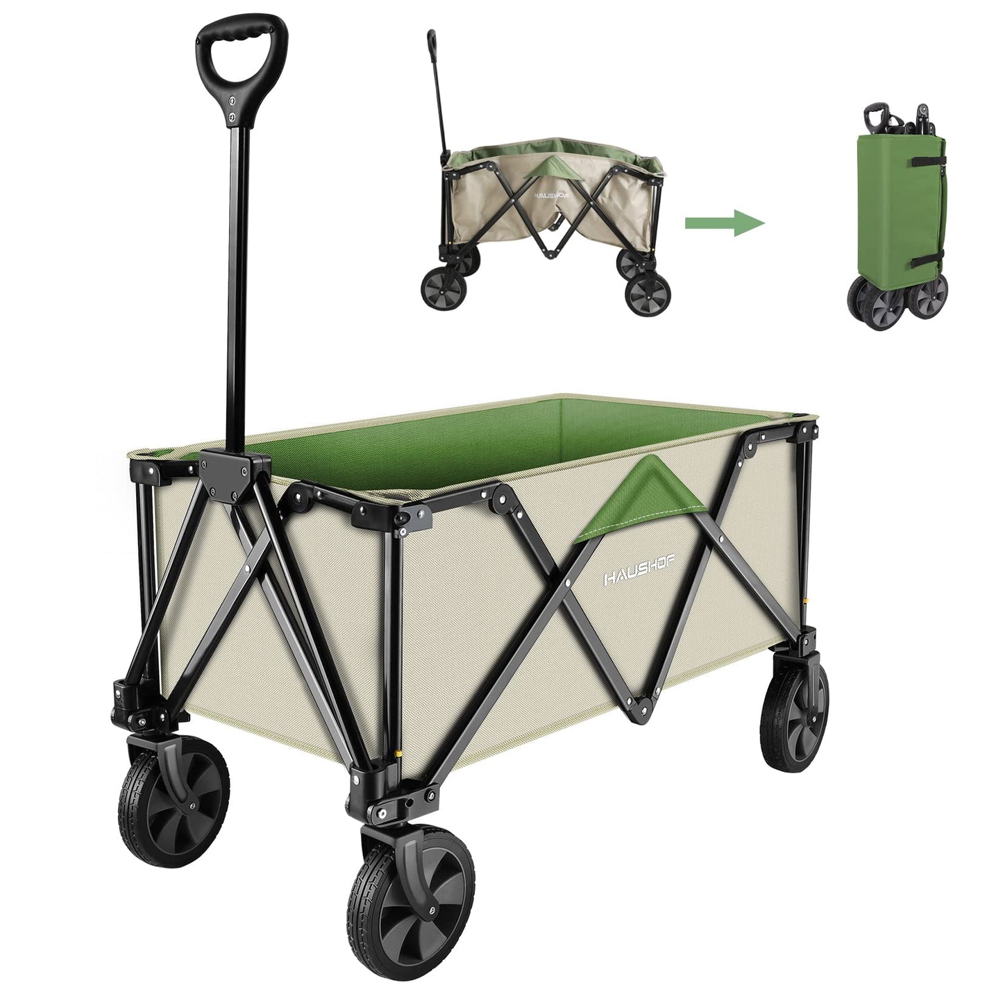 HAUSHOF Heavy Duty Collapsible Wagon, Folding Outdoor Utility Wagon, Camping Garden Beach Cart with Universal Quick Release Wheels, Adjustable Handle, 2 Cup Holders, 176 lbs Load Capacity, Green