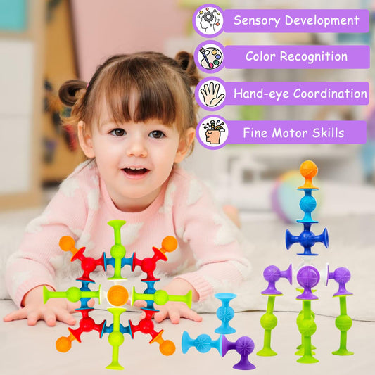 48 Piece Suction Cup Toys Construction Set - Silicone Building Blocks DIY Fun Bath Toys for Kids Ages 3+, Travel Essentials for Toddlers , PopDarts Sensory Toys for Autistic Children OT
