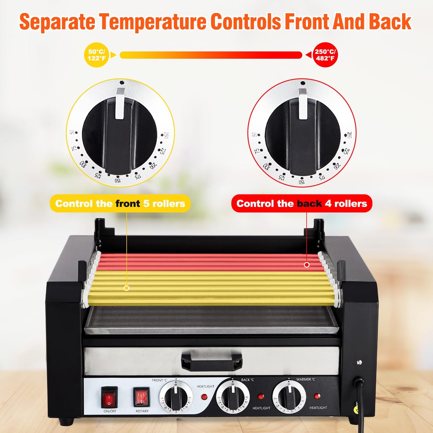 ACONEE Hot Dog Roller, 9 Rollers 24 Hot Dogs Capacity 1650W Stainless Sausage Grill Cooker Machine with Removable Oil Drip Tray Dual Temp Control and Glass Hood Cover, Perfect for Commercial and Party