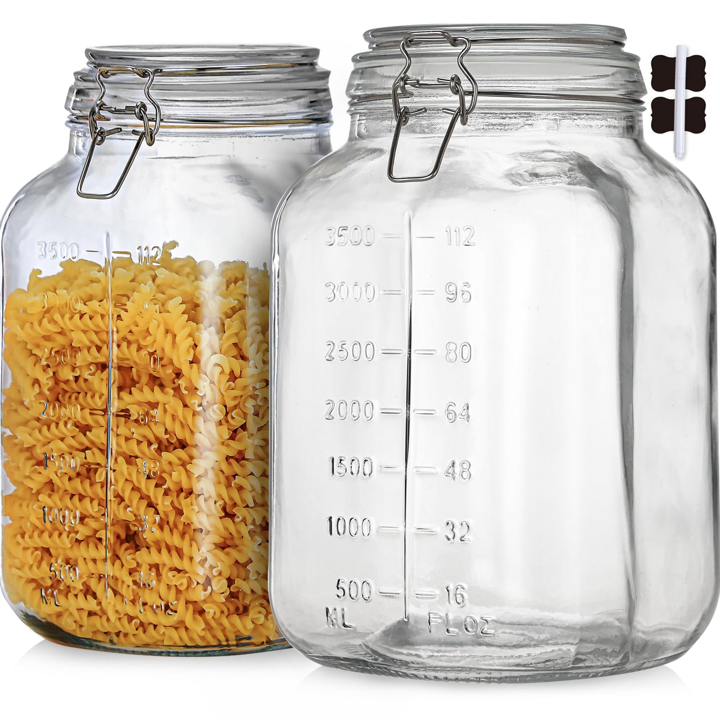 ZALSSKE 1.1 Gallon Large Glass Food Storage Jars with Airtight Lids,Set of 2 Square Wide Mouth Airtight Glass Storage Container,135oz Kitchen Mason Jar with Measurement Mark,for Flour Sugar Canning.