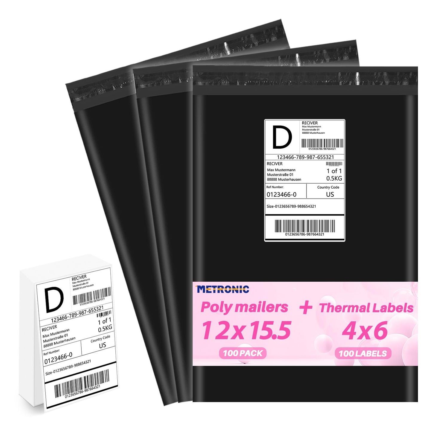 Metronic Poly mailers 12x15.5'' 100pcs with 4x6 Thermal Labels 100 Labels, Strong Adhensive Shipping Bags for Clothing,Waterproof Shipping Envelopes Mailing Bags for Small Business,Black