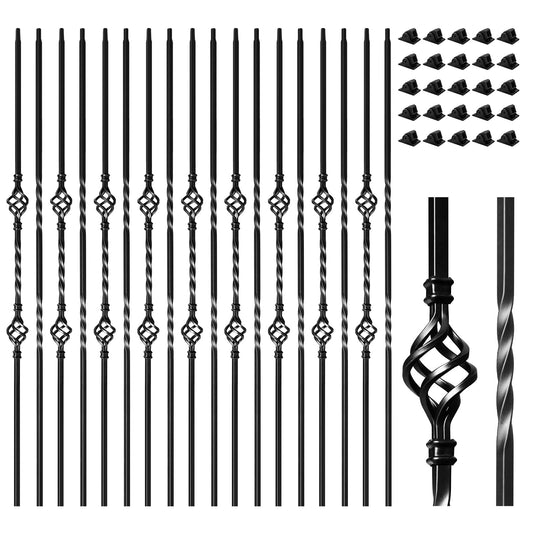 30 Pack Wrought Iron Balusters for Staircase Interior, 1/2" x 44" Hollow Deck Spindles Stair Railing Indoor with 60 Fixed Swivel Shoes, Metal Double Basket Decorative Stair - Matte Black