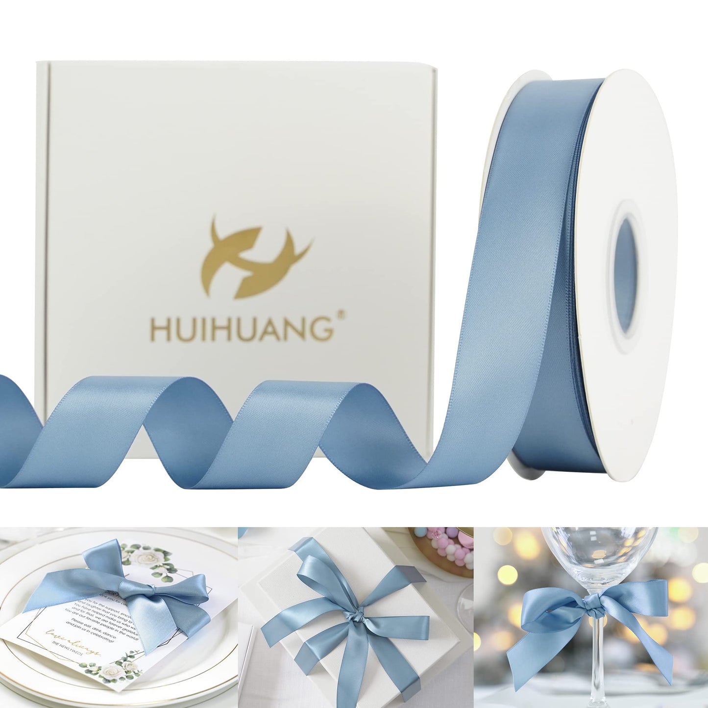 HUIHUANG Dusty Blue Satin Ribbon 50 Yards Double Faced Satin Ribbon 1 inch Blue Silk Ribbons for Gift Wrapping Bows Crafts Bridal Floral Bouquet Cake Wedding Invitation Card Birthday Party Decor