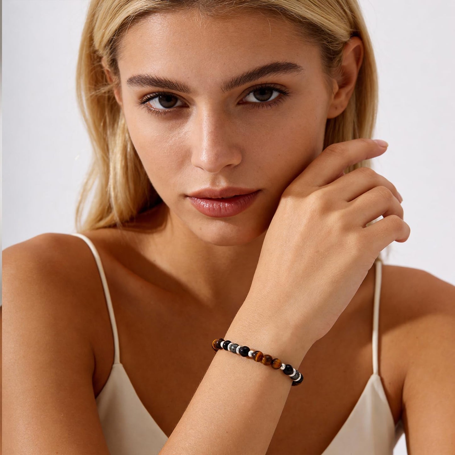 Kenailw Triple Protection Bracelet for Women Gifts, Crystal Hematite Black Tourmaline Tigers Eye Beaded Healing Obsidian Guardian Piedra Turmalina Negra Natural Stones Jewelry