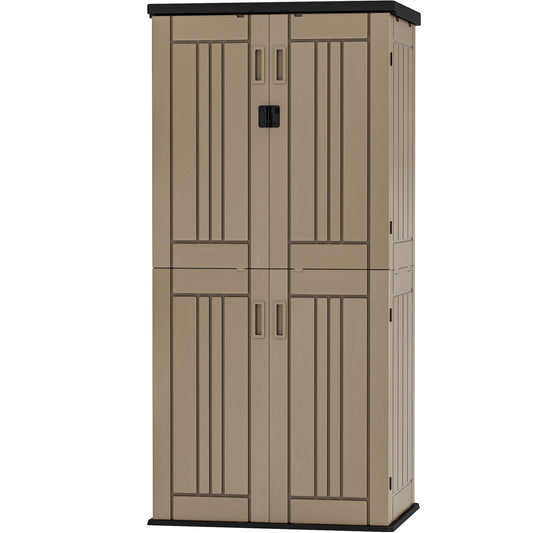 DWVO Outdoor Vertical Storage Shed with 4 Shelves, Waterproof Tall Plastic Storage Shed with 4 Adjustable Shelf, 30 cu. ft. Patio Tools Storage for Patio, Garden, Backyard, Deck, Brown