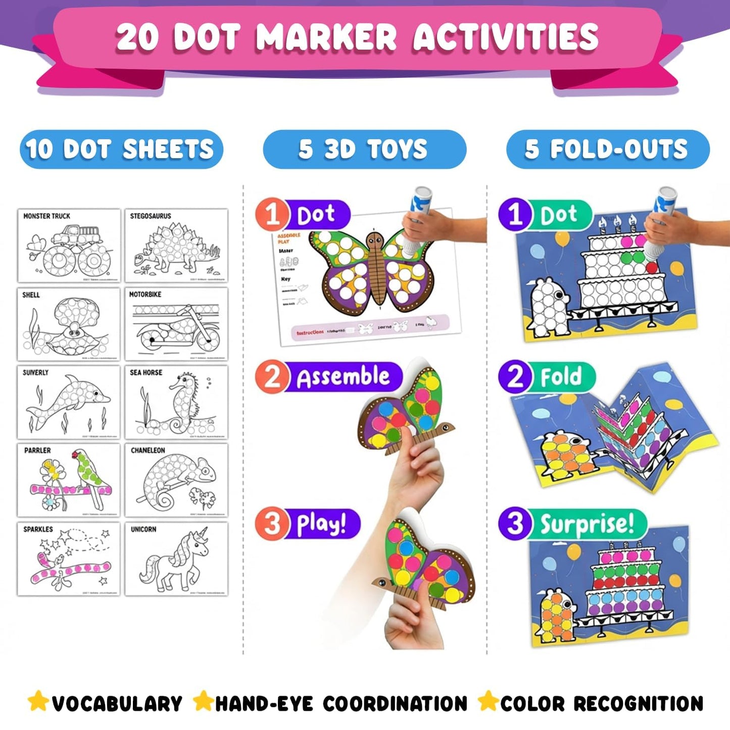 Chalkola Dots of Fun - 8 Washable Dot Markers + Dot Art Sticker Activity Kit | Toddler Art & Craft Supplies for Kids, Stocking Stuffers, Gifts for Boys & Girls Ages 3, 4, 5, 6, 7 Year Old