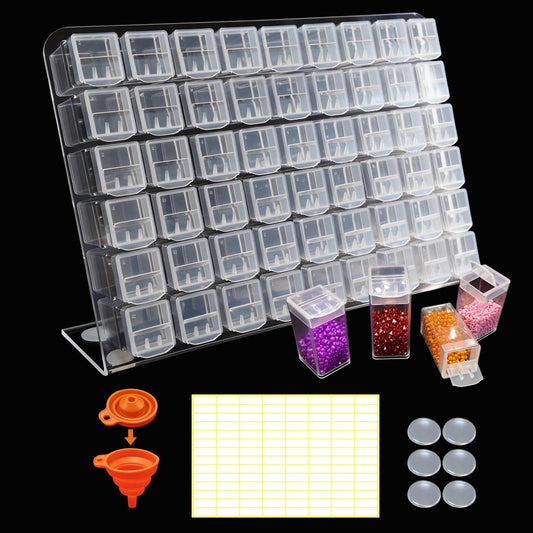 54-Jar Diamond Painting Storage Rack, Diamond Art Storage Containers with 75° Slanted Display, Funnel, Labels, Anti-Slip Pads, for Bead Storage, Jewelry, DIY Crafts, Thick Acrylic Tidy Desk Organizer