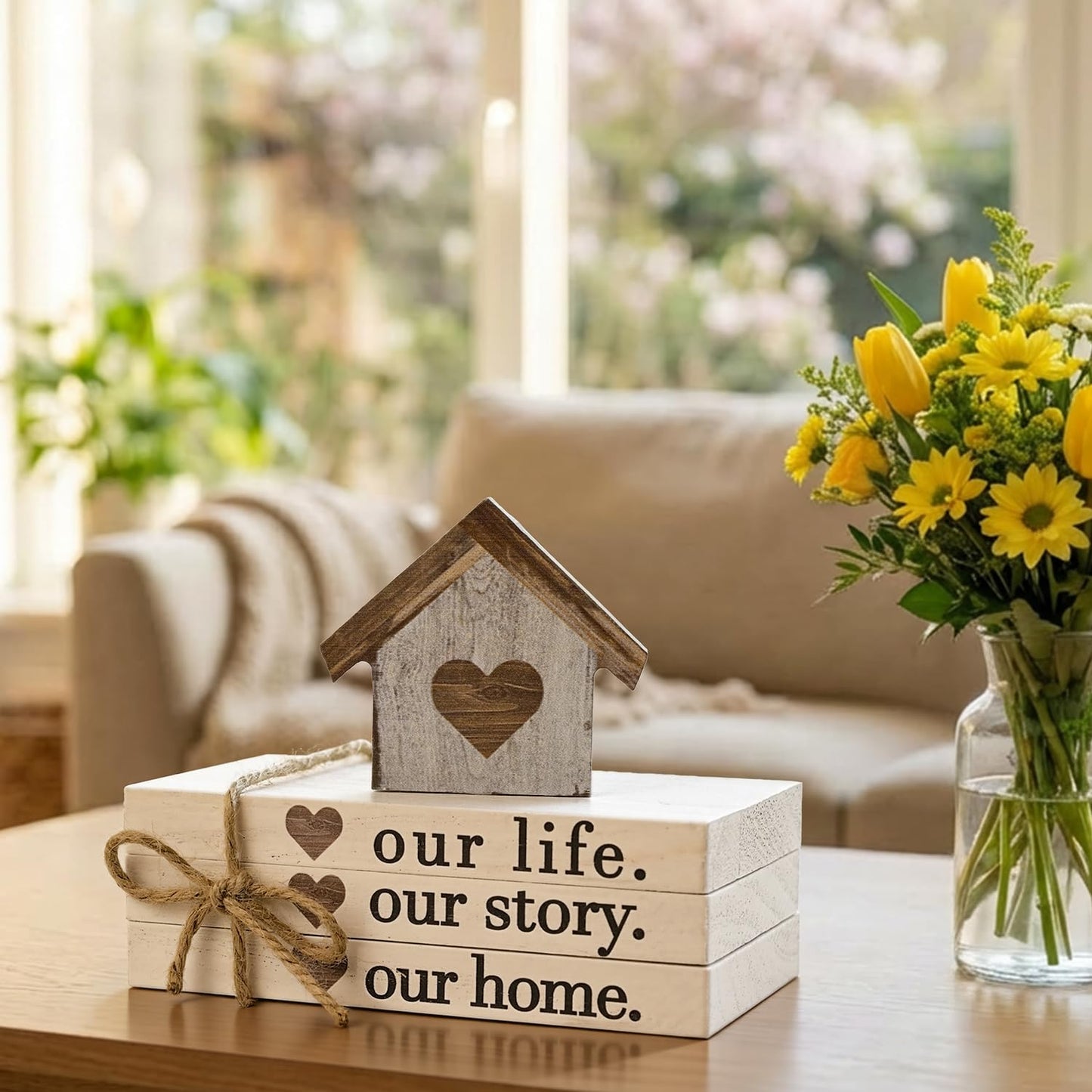 Smile Farmhouse Wooden Tabletop Decor Our Home Our Story Our Famliy Table Centerpiece, Block Sign Tiered Tray Decoration for Kitchen Shelves Desk Mantel