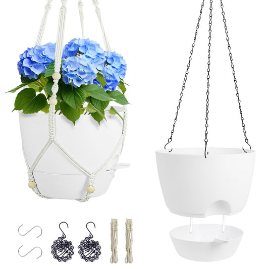 Meowell 10 inch Self Watering Hanging Planters, 2 Pack Hanging Flower Pots for Indoor Outdoor Plants, Hanging Baskets with Drainage Holes & 2 Kinds of Plant Hangers for Garden Home Decor, White