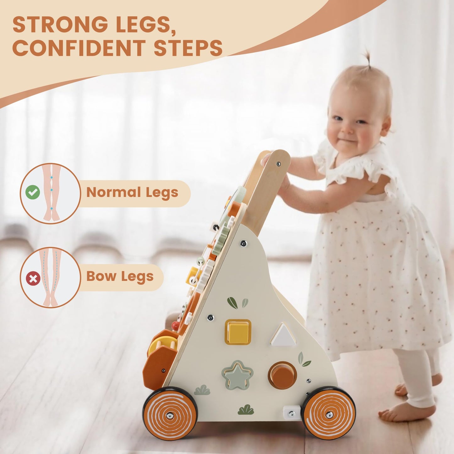 Pithfor Wooden Baby Walker, Baby Push Walker with Activity Center for Girls Boys, Montessori Push Walker Toys for Babies Learning to Walk, Sit-to-Stand, for 10-12 Months 1 2 3 Years Old
