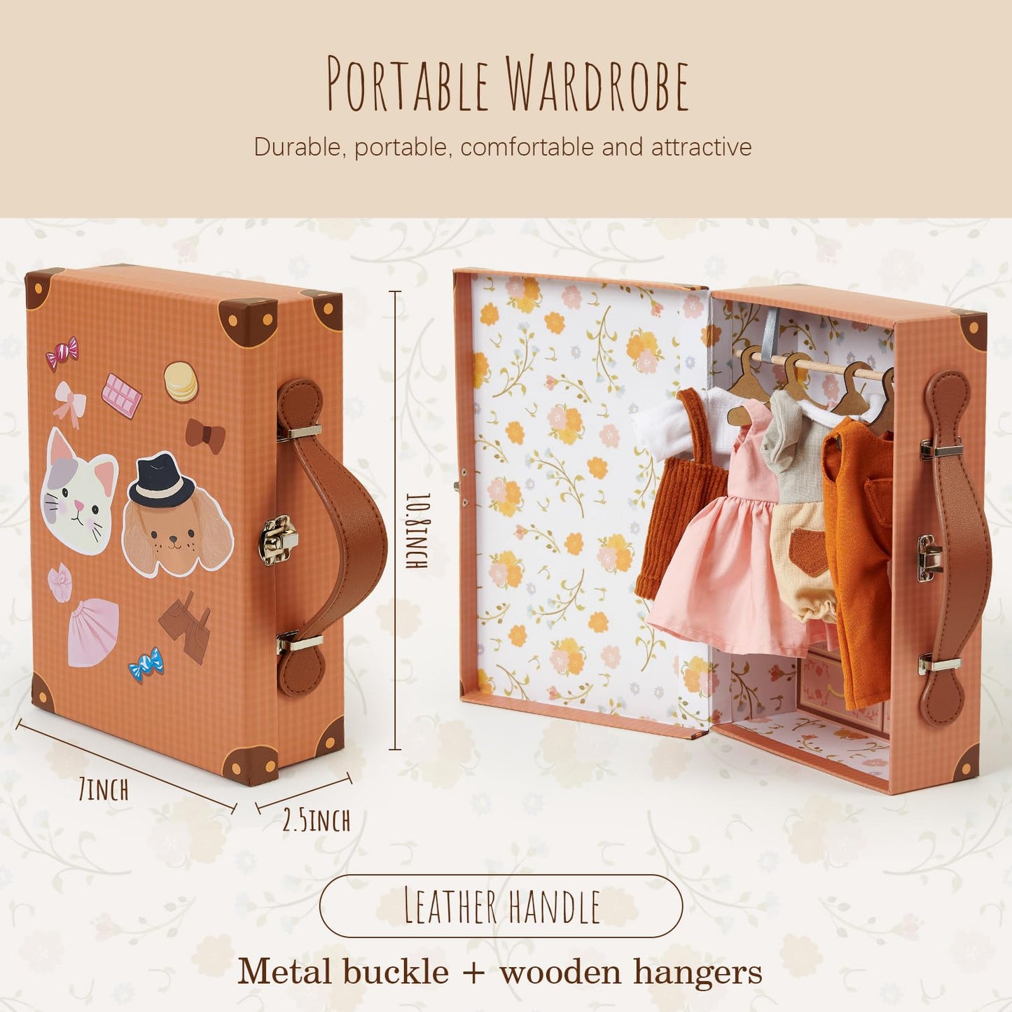 Golray Portable Dress Up Plush Doll Set with Storage Case, Cat & Dog Stuffed Animal Toys, Doll Clothes with Wooden Hangers & Suitcase Wardrobe Travel-Ready Toy Organizer, Gifts for Girls Ages 3+