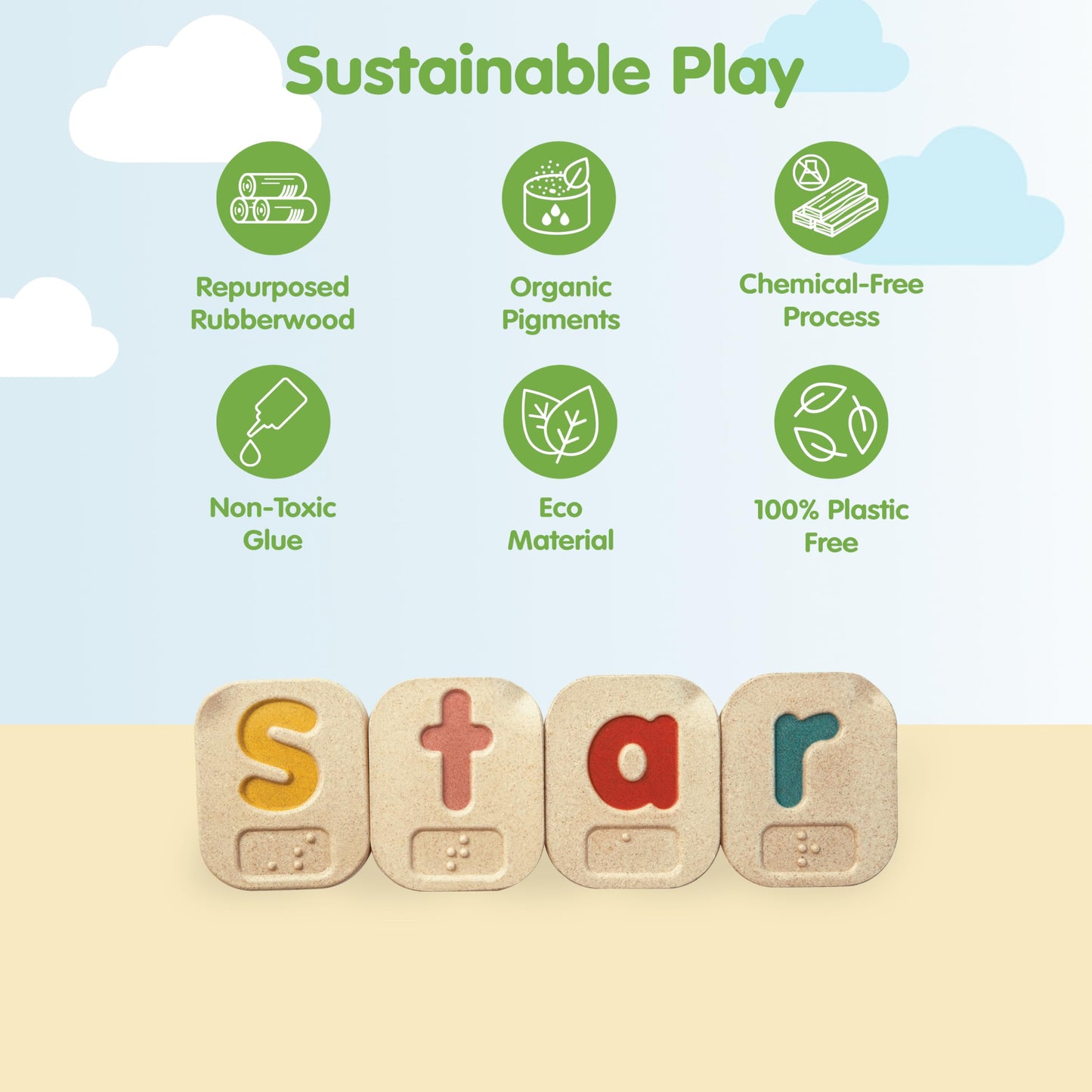 PlanToys Braille Alphabet A-Z Braille-Reading Alphabet Learning Toys - 26 Sustainably-Made Traceable Wooden Tiles with Upper and Lower Case Letters and Braille