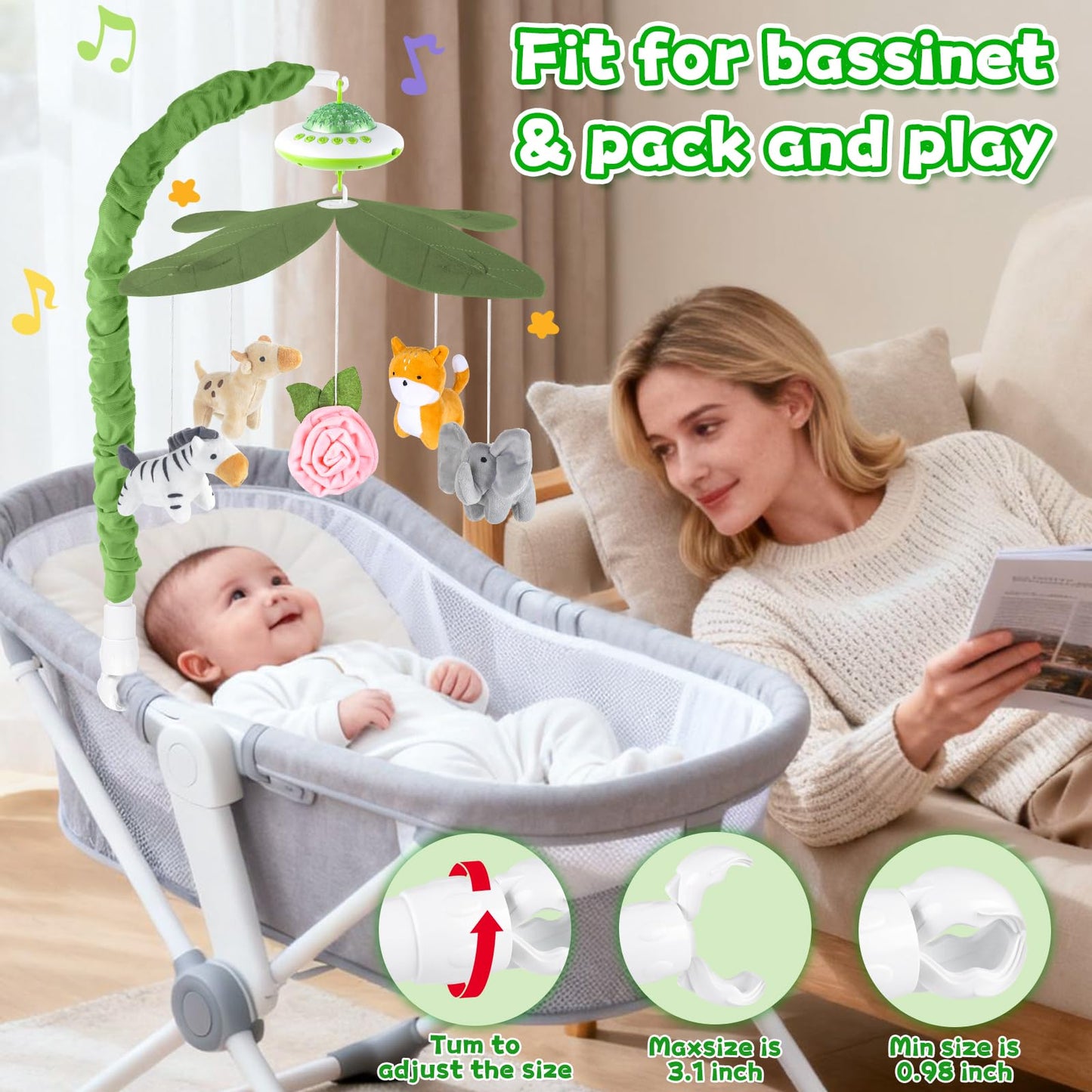 Playix Baby Crib Mobile with Music and Lights, Nursery Baby Mobile for Crib Bassinet with Remote Control, Rotation, Starlight Projection, Crib Toys for Babies Boys Girls Green