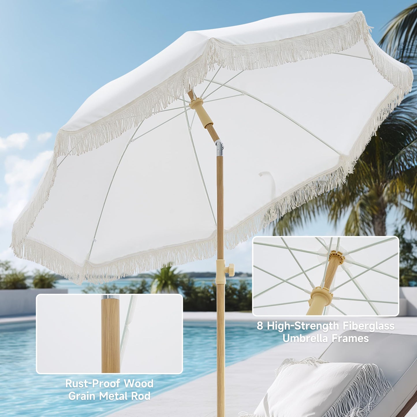 Kbrellaoutlets 7FT Boho Patio Umberlla with Fringe,UPF50+ Outdoor Umbrella with 8 Fiberglass Ribs and Push Button Tilt,Tassels Umbrella for Beach,Terrace,Picnic (Cream)