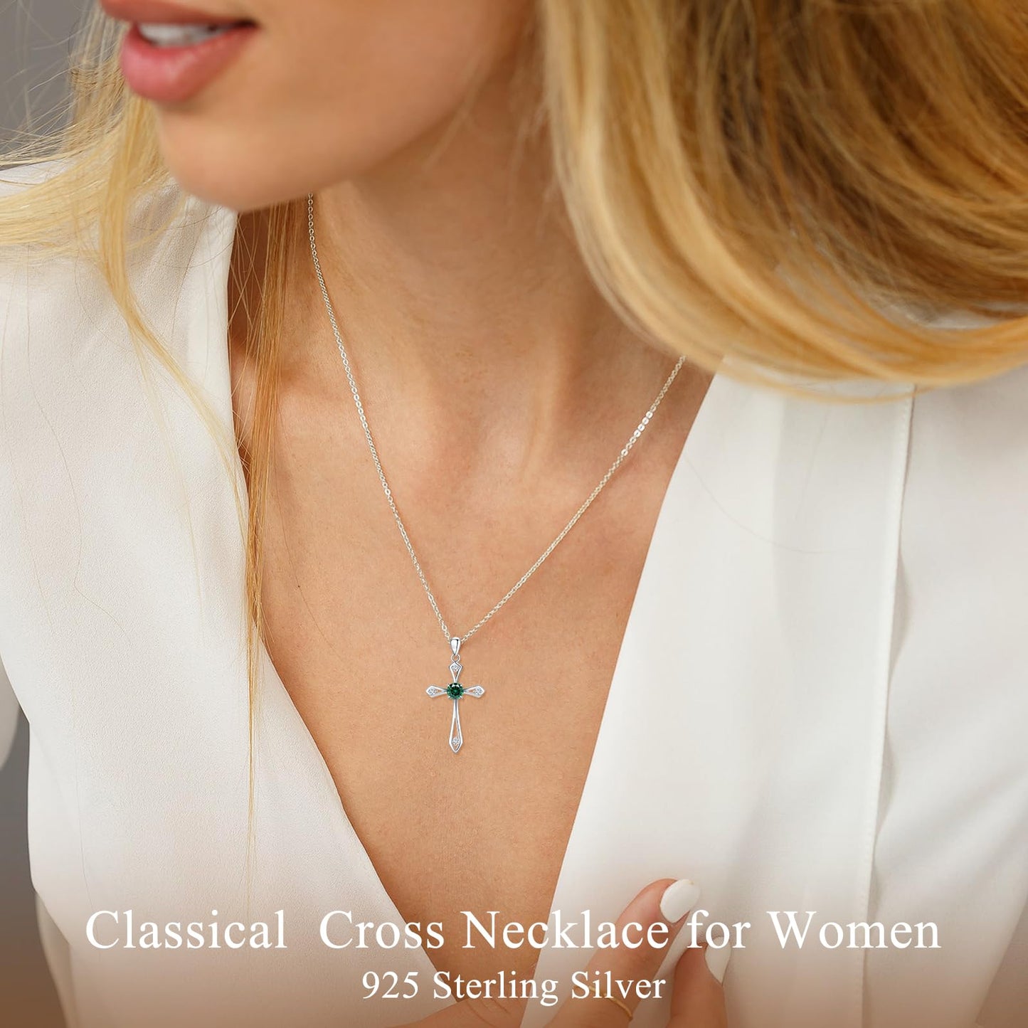Cross Necklace for Women ,925 Sterling Silver Emerald-May Birthstone Necklace Cross Pendant 5A CZ 12 Birth Months Faith Religious Fine Jewelry Valentines Birthday Holiday Gifts for Her Wife Mom