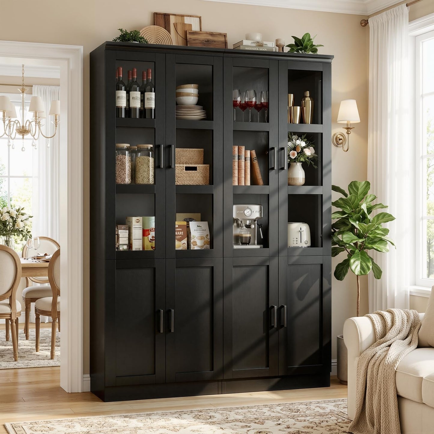 Unikito 79.7" Tall Kitchen Pantry Storage Cabinet, Freestanding Kitchen Hutch Cabinet with Tempered Glass Doors, Large Display Bookcase with Adjustable Shelves for Living Room, Dining Room, Black