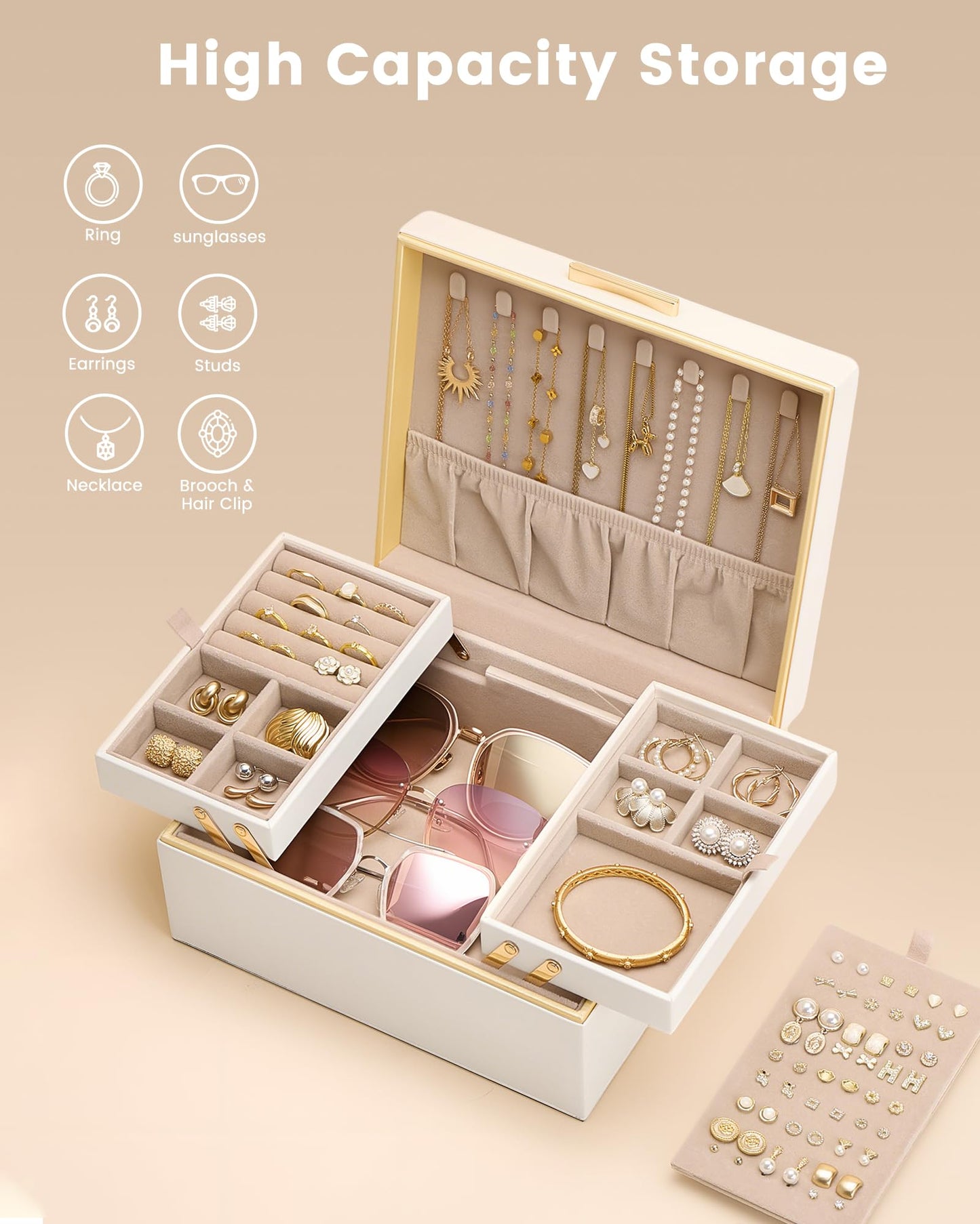 Lolalet Jewelry Box Organizer for Women Girls, 2 Layer Jewelry Organizers and Storage for Necklace Earrings Rings Bracelets, Large Jewellery Holder Case Birthday Gifts -Cream