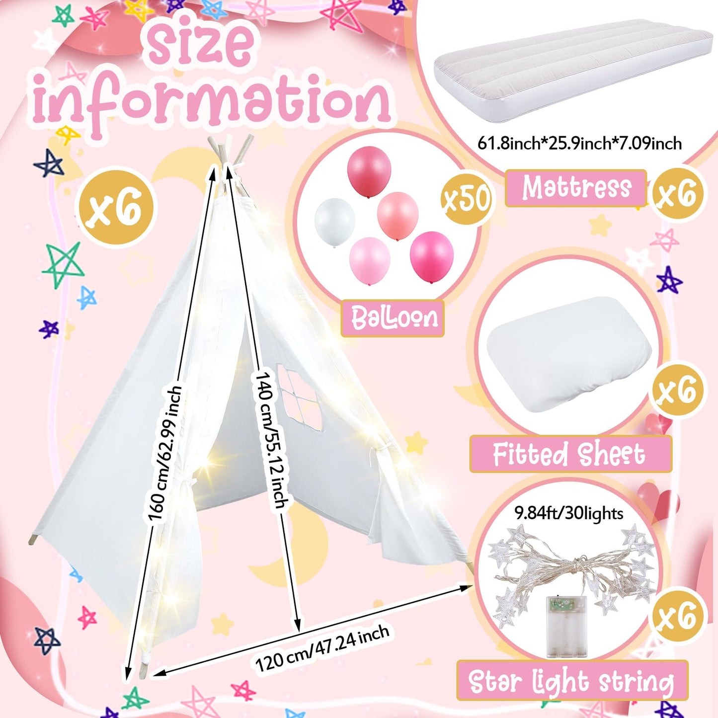 Lemosae 6 Pack Sleepovers Teepee Tent for Kids Bulk with Mattress Sheet Light,Natural Cotton Washable Indoor Play Tent for Birthday Slumber Party Girls Boys Pajama Movie Night Supplies(White)