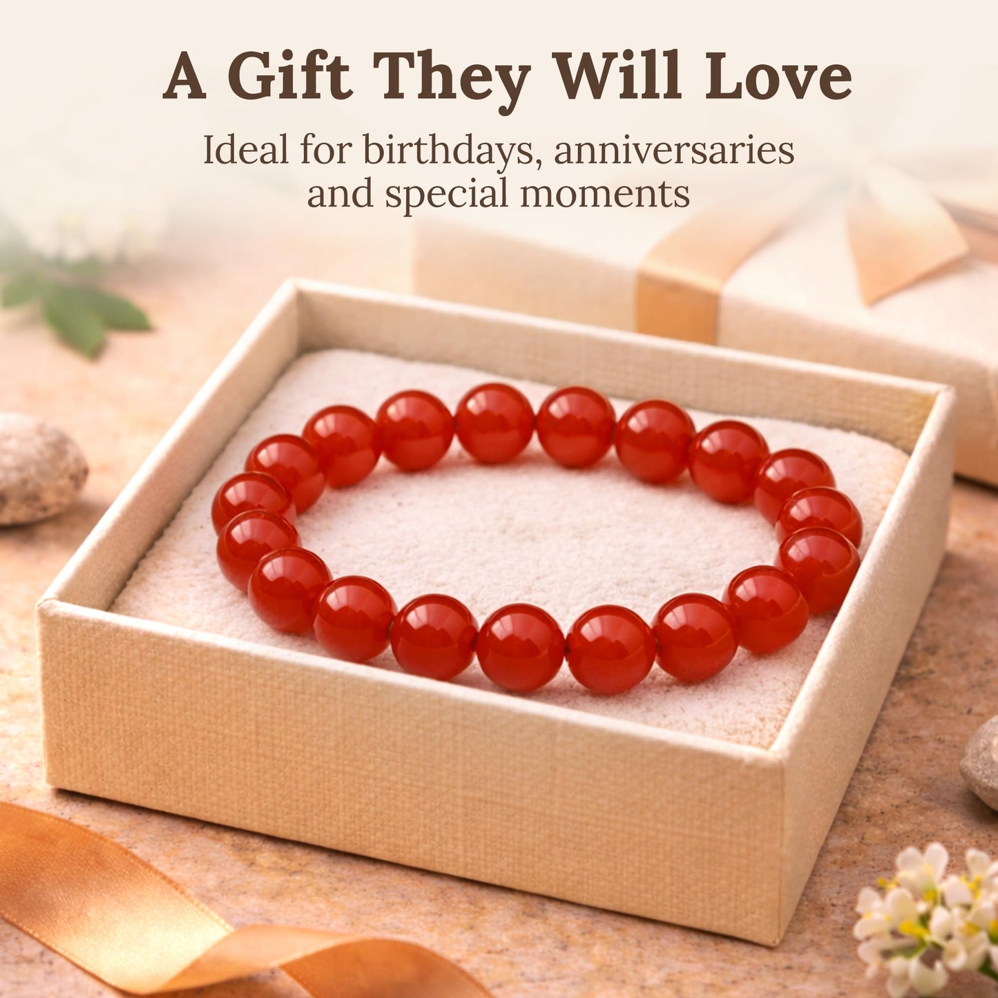 Elm City Direct 8mm Natural Stone Beaded Bracelet – Unisex Crystal Stretch Bracelets for Men & Women, Chakra & Healing Jewelry, Gift-Ready Beaded Bracelets (Carnelian, 8mm)