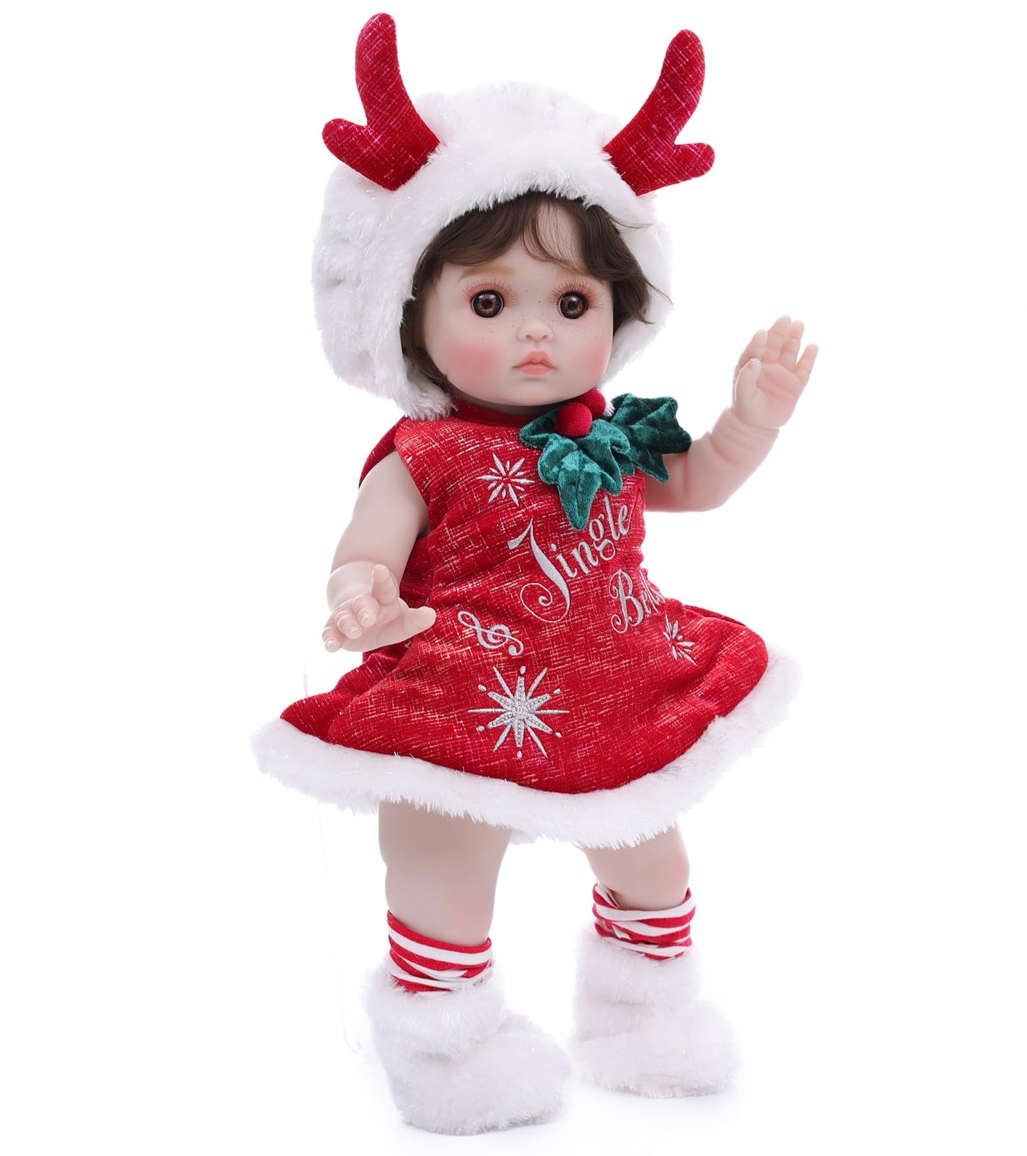 Cloveray Baby Dolls, 18 Inch Realistic Reborn Full Vinyl Baby Doll with Brown Curly Hair, Hand-Painted Freckles & Cozy Red Outfit for Girls Ages 3+, Pretend Play, Display & Collection