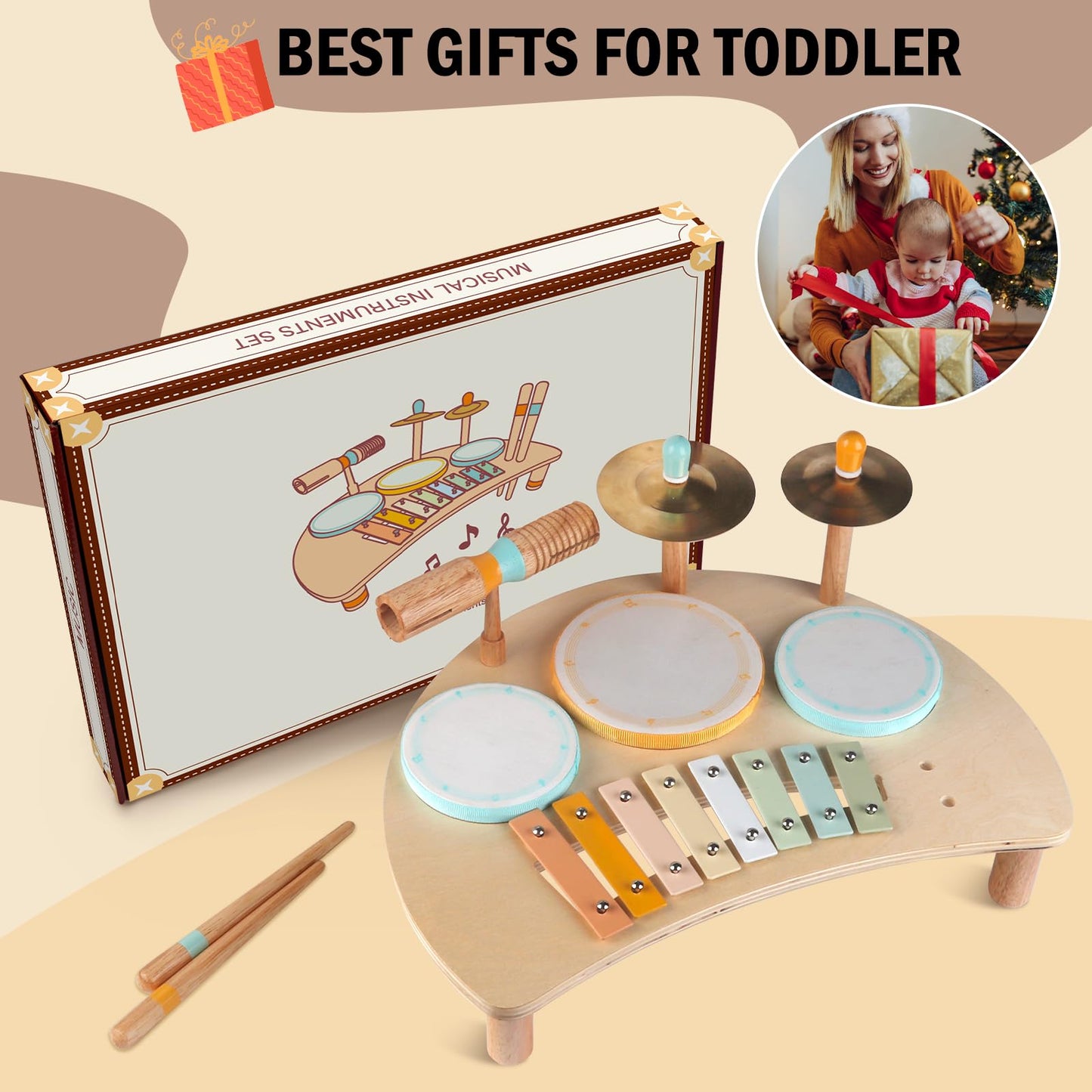 Toddlers Drum Set Toys for Toddlers 1-3,Baby Drum with Xylophone,Musical Instruments Toy, Kids Wooden Montessori Toys Birthday Gift for Boys Girls