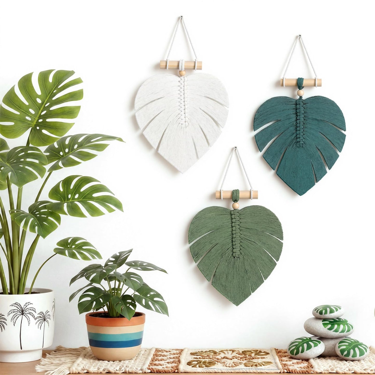 Hoteam 3 Pcs Monstera Leaves Macrame Wall Hanging Handmade Bohemian Sage Green Large Leaf Woven Wall Tapestry Wooden Bead Hanging Ornament for Nursery Bedroom Living Room Apartment Home Backdrop