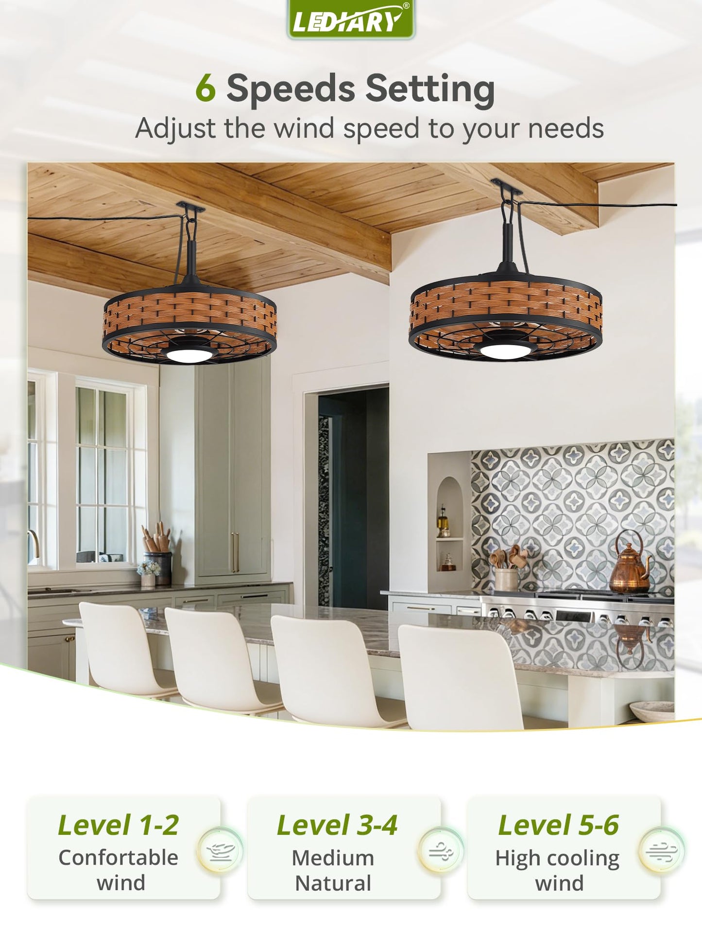 LEDIARY 20" Outdoor Ceiling Fans with Light for Patios, IP65 Waterproof Gazebo Fan, Boho Rattan Plug in Ceiling Fan Remote&APP Control, 3CCT Dimmable, 6-Speeds, Caged Fan for Gazebo,Patio,Porch