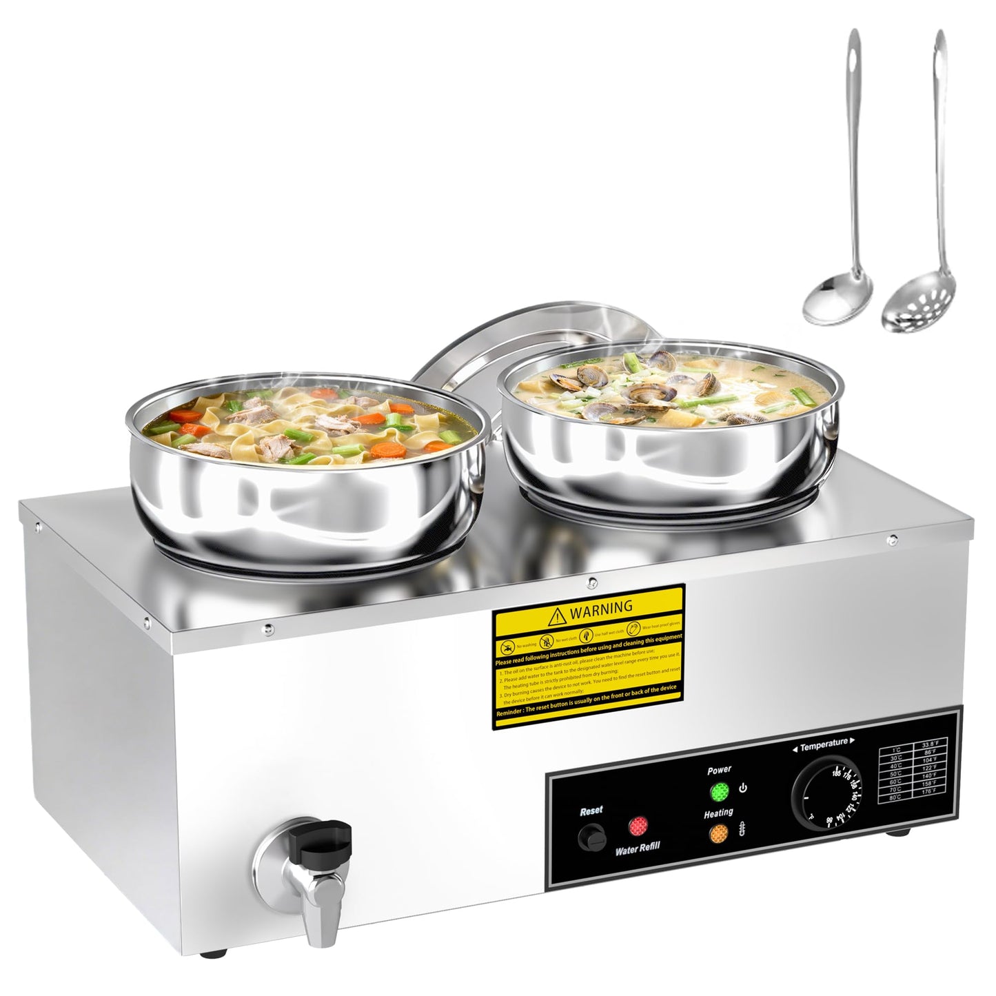 ZMRTDWO Soup Warmer, 2X7.4QT Stainless Steel Round Pot Food Warmer, 86°F~185°F Adjustable, 1200W Commercial Bain Marie with Drain Faucet, Buffet Warmer Steam Table for Restaurant Catering Parties