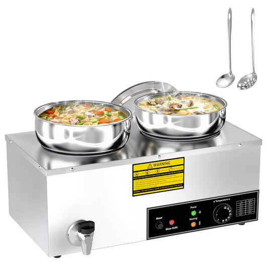 ZMRTDWO Soup Warmer, 2X7.4QT Stainless Steel Round Pot Food Warmer, 86°F~185°F Adjustable, 1200W Commercial Bain Marie with Drain Faucet, Buffet Warmer Steam Table for Restaurant Catering Parties