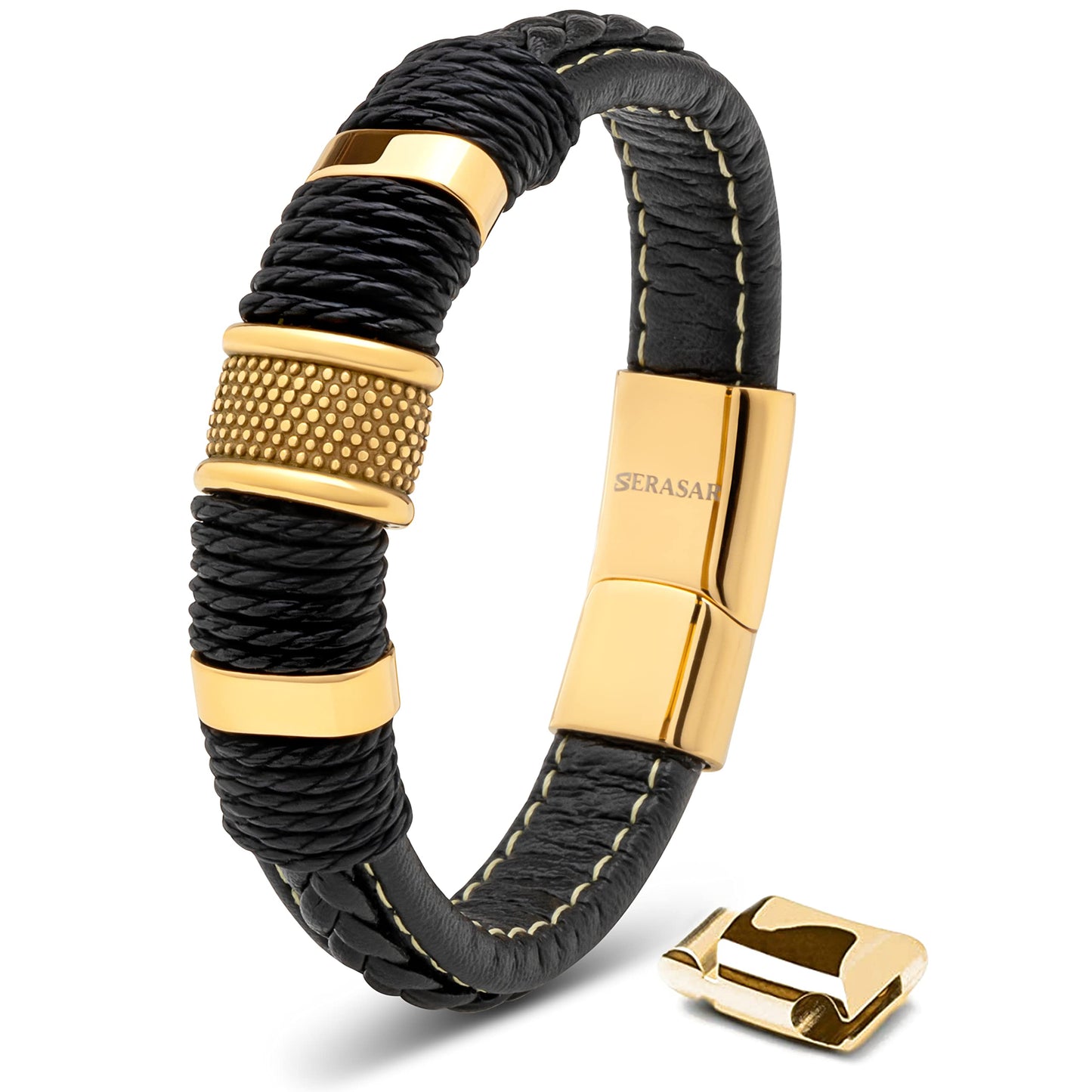 SERASAR Pulsera de oro para hombre 17cm con caja regalo hombre, trenzas piel vaca, cierre magnetico ajustable, joyero multicapa, joyeria cuerda magnetica masculina