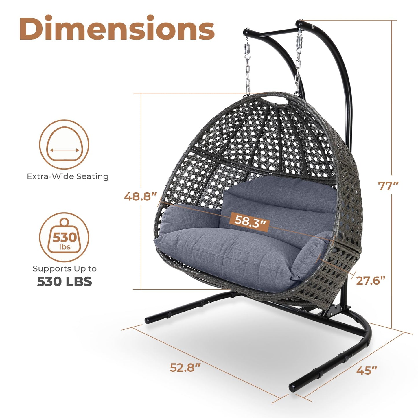 DREAM YOUNG 2 Person Egg Chair with Stand, Oversized Wicker Hanging Loveseat, Heavy-Duty Steel Frame, Extra-Thick Cushion, Rain Cover Included, All-Weather Indoor Outdoor Patio Swing Chair, Dark Grey