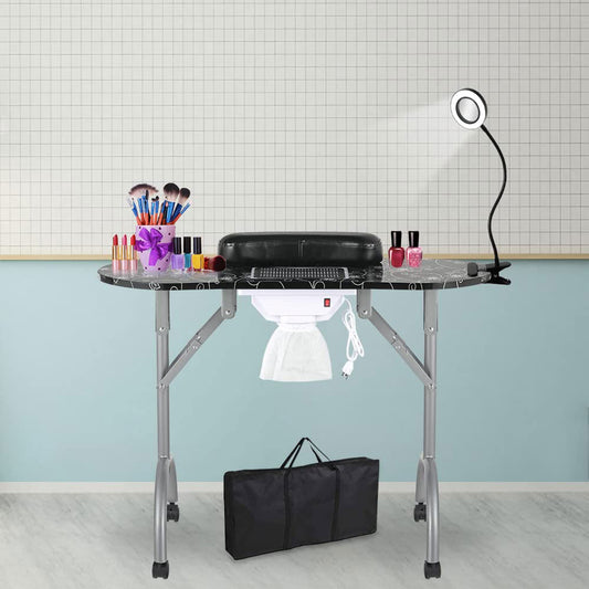 LEIBOU Professional 35''L Portable & Foldable Manicure Table Nail Technician Desk Workstation Salon Spa with Magnifier USB LED Lamp,Fan dust Collector,Sponge,Carrying Bag (Black Flower)