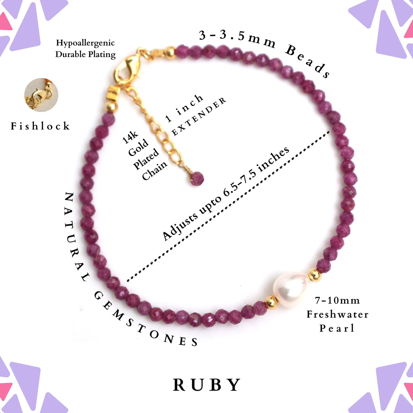 Gempires Pink Ruby Beaded Bracelets with Pearl Choker Crystal Jewelry July Birthstone Gifts 7.5 Inch Gold Plated Lightweight Gemstone Bracelets Gifts for All Occasions