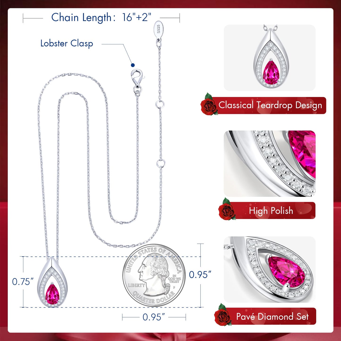 Kstyle 925 Sterling Silver Ruby July Birthstone Pendant Necklace Teardrop Jewelry Valentine's Day Anniversary Birthday Gift for Mom Sister Wife Daughter Non Tarnish