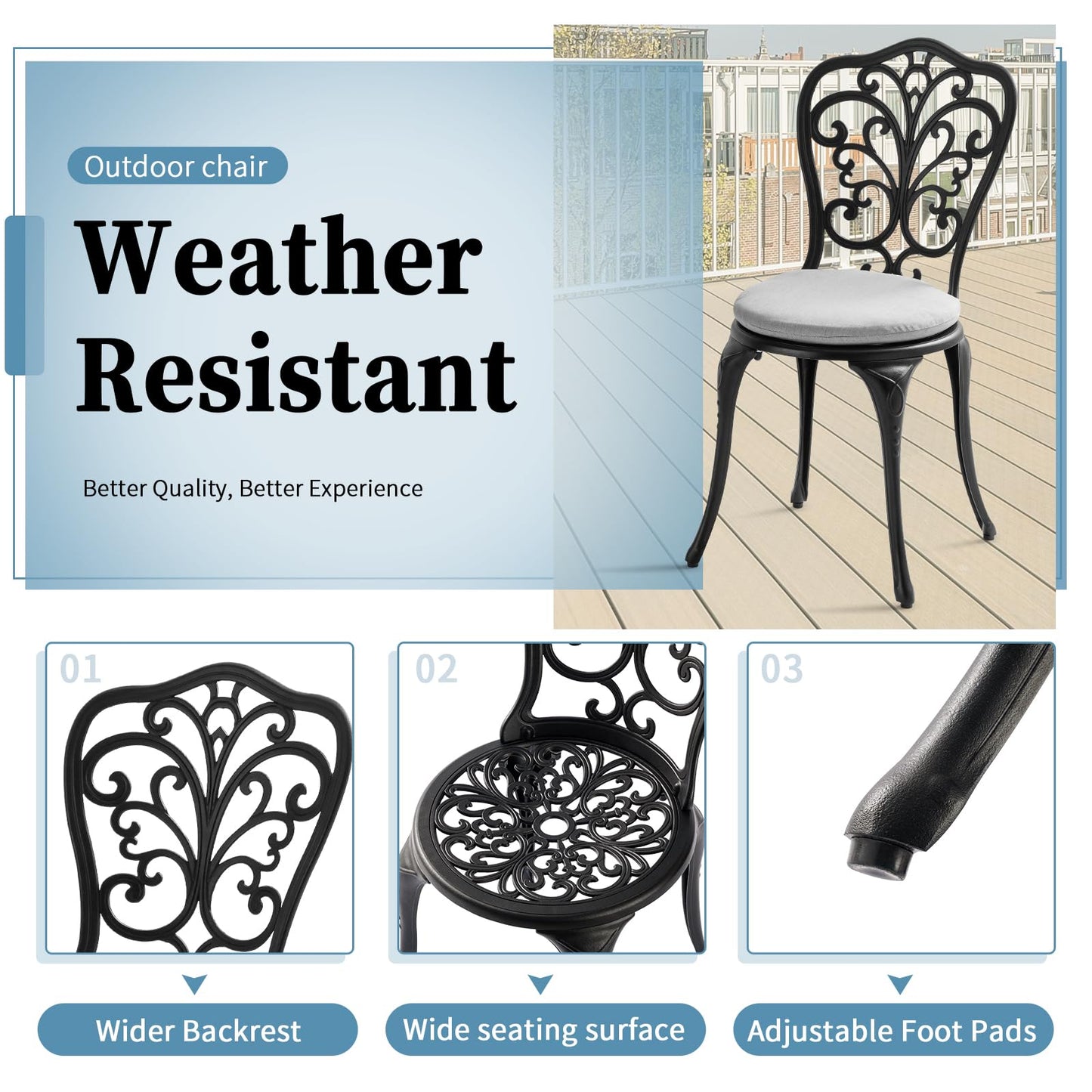 Withniture Patio Bistro Set 3 Piece with Cushions, All Weather Bistro Table and Chairs Set of 2 with Umbrella Hole, Outdoor Bistro Set, Cast Aluminum Patio Furniture Set for Garden Porch, Black