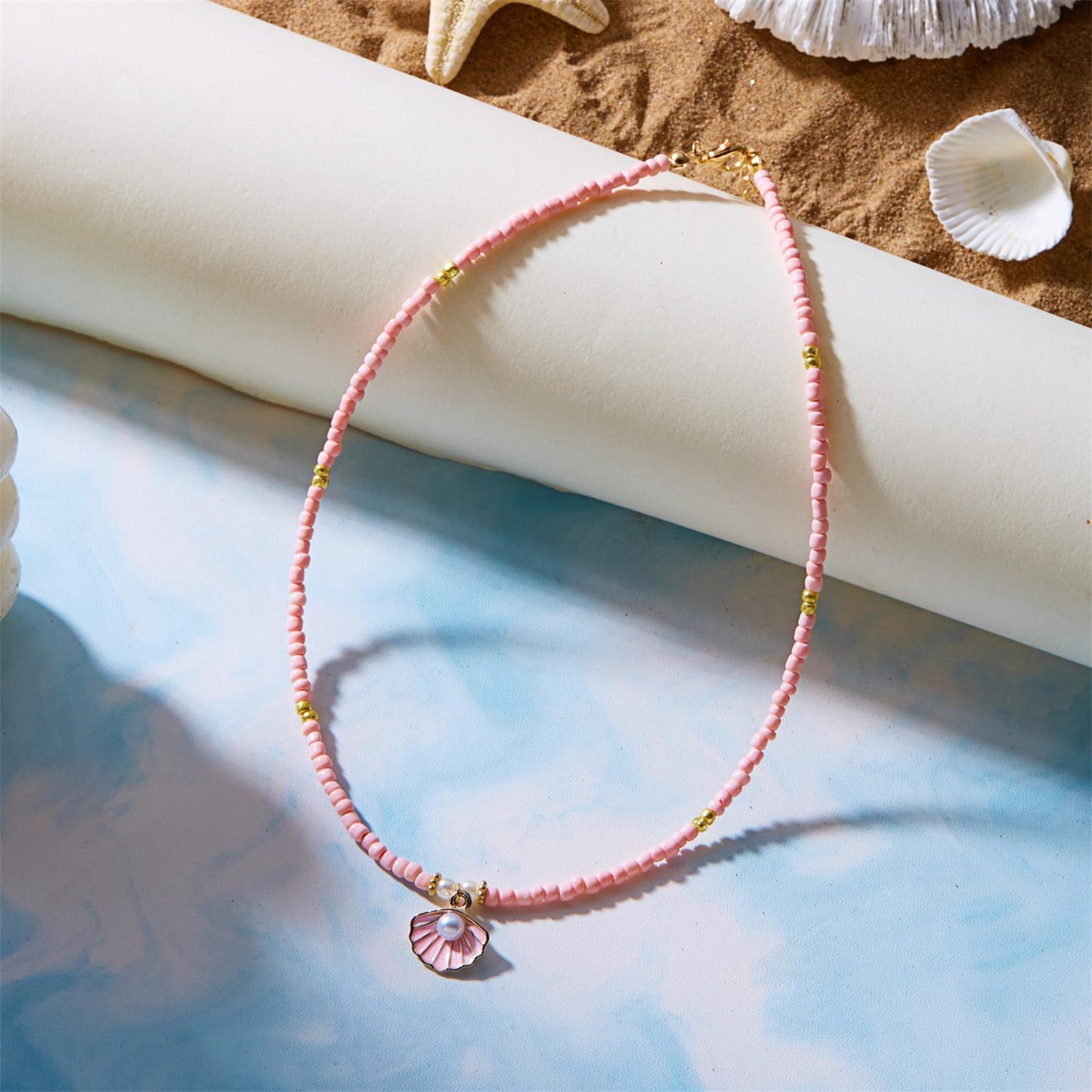 Seashell Pearl Pendant Necklace Gold Plated Boho Enamel Pink Blue Scallop Sea Shell Starfish Ocean Animal Chain Necklace for Women Hawaiian Summer Beach Holiday Fashion Jewelry Gifts (Pink beaded necklace)