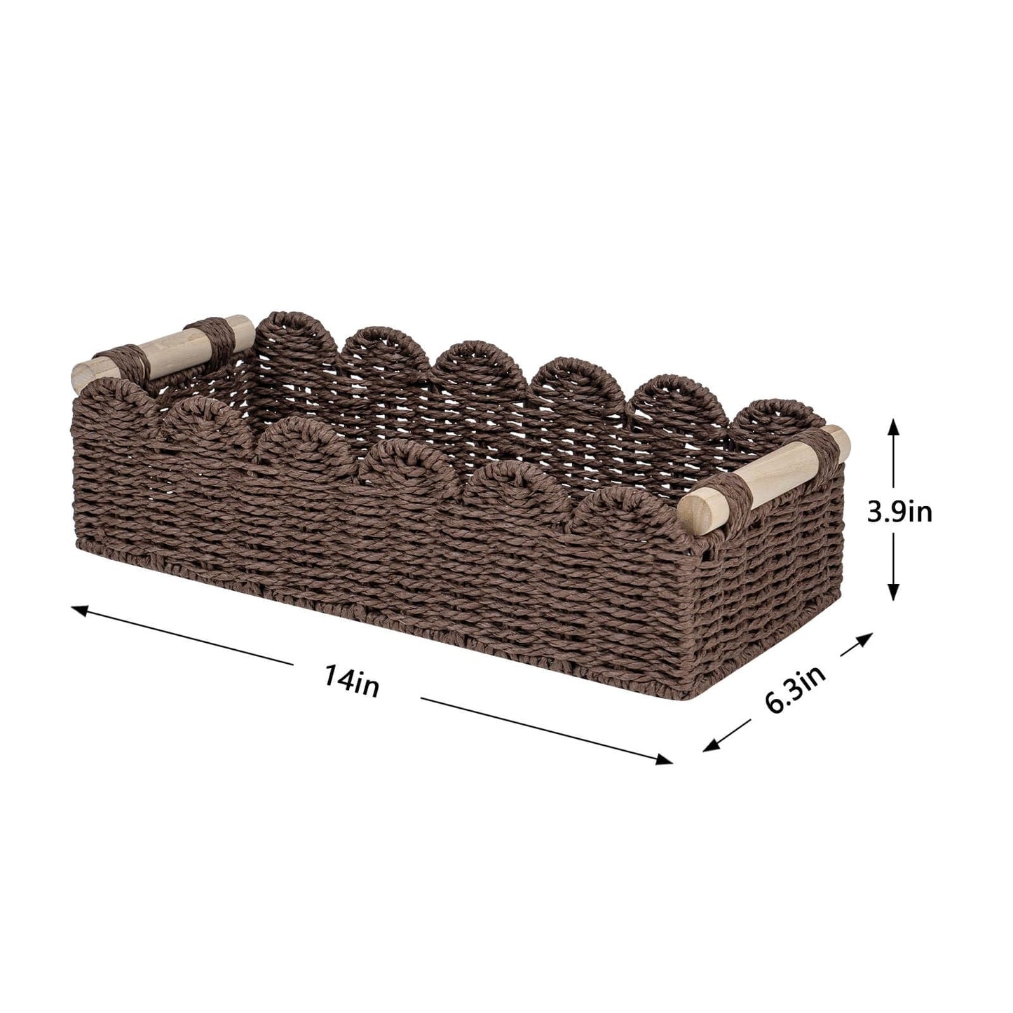 CubesLand Paper Rope Scalloped Edge Shelves Storage Basket, Woven Toilet Paper Baskets for Over Toilet Storage Shelf, Ending Table, Floating Shelves Organizing or Home Décor, with Wood Handle, Brown
